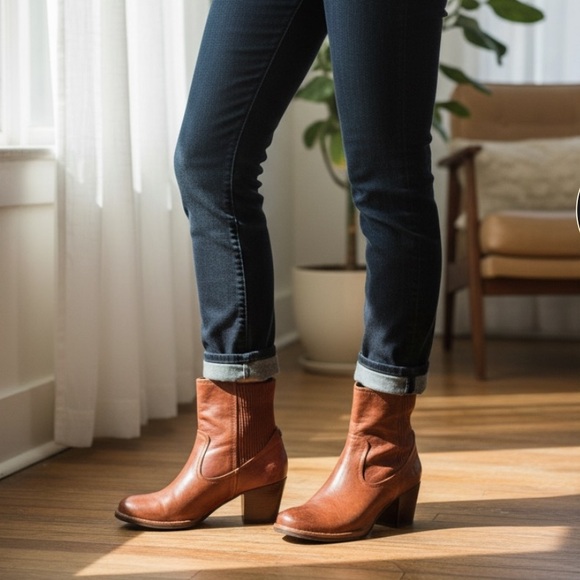 Frye Lucinda Scrunch Real Cognac Brown Leather Stretchy Heeled Short Ankle Boot - Picture 3 of 15